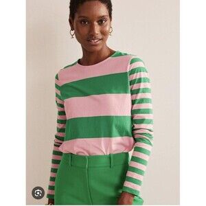 Boden Bea Long Sleeve Breton Pink Green Top Size 4 Stripe Shirt Tee Preppy